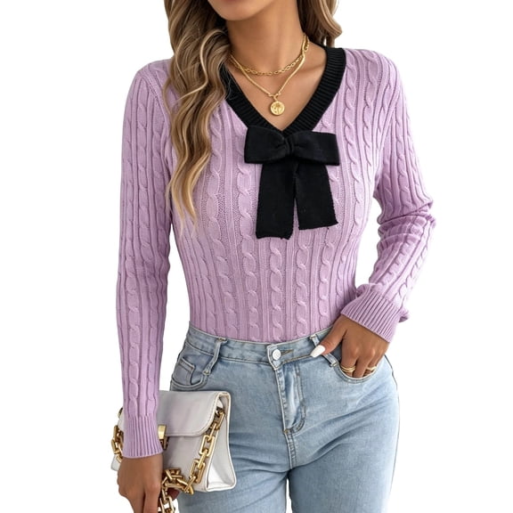QIYAGBSA Womens V Neck Sweater Cable Knit Contrast Bow Detail Long Sleeve Pullover Casual Fall Winter Top (Purple S)