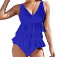 thumbnail image 6 of Women's One Piece Bikini Swimsuit Solid Color High Neck Ruffle Sexy with Removable Bra Pads No Underwire for Beach Vacation,Blue,S, 6 of 6