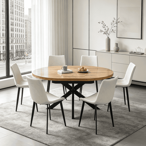 43.2"-59.2" Extendable Round Dining Table Set for 4-6,7 Piece Round Kitchen Table Set with 6 Upholstered Chairs for Kitchen Living Room, Space Saving