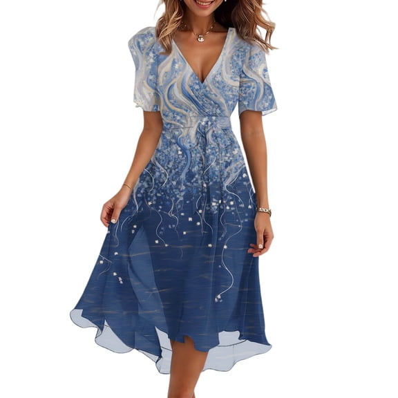 longantii Summer Dresses for Women Elegant Floral Print Chiffon Midi Dresses Short Sleeve Ruffle Flowy Prom Dress V Neck Boho Beach Vacation Sundresses Sky Blue XXL