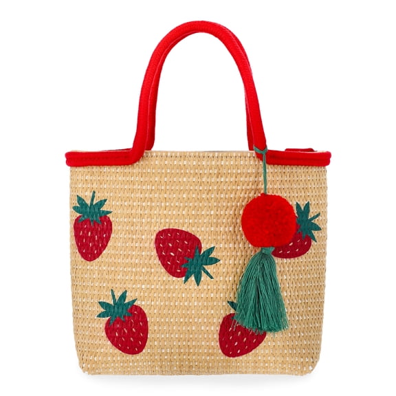 Wonder Nation Girls Strawberries Straw Mini Tote Bag, Red
