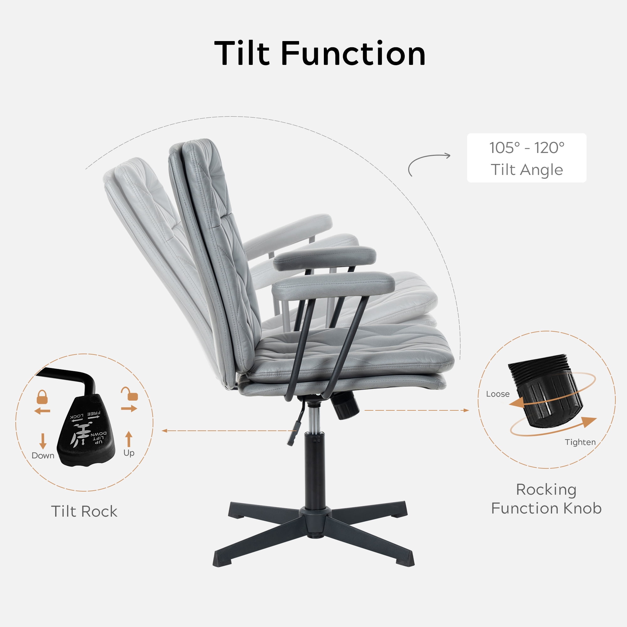 EYYTHUNG Home Desk Chair with Arms, Adjustable Stationary Ergonomic Office Swivel Working Computer Chair with Soft Cushion No Wheels, Grey
