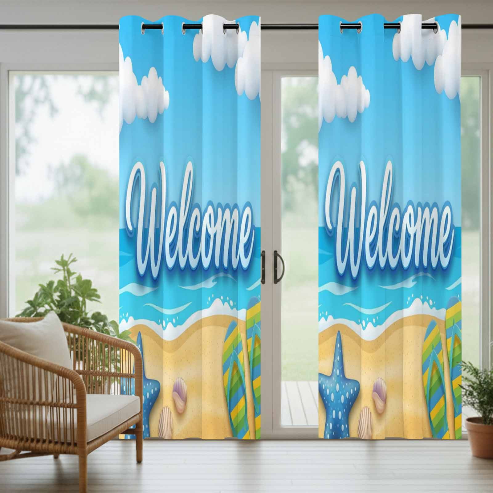 Welcome Summer Beach Outdoor Curtains for Patio, Coastal Watercolor Blue Ocean Starfish Shell Slipper Sunshade Privacy Drapes Grommet Waterproof Outside Curtains for Porch Balcony 54"x108", 1 Panel