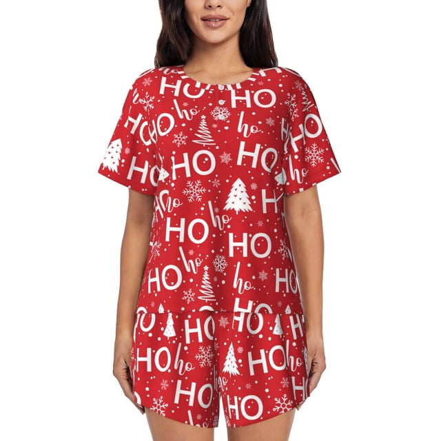 Lsque Ensemble de Pyjama de Noël Hohoho pour Femmes à Manches Courtes - Ensemble de Vêtements de Nuit Doux et Légers 2 Pcs-3TG