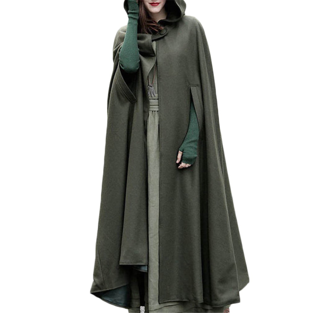 Women's Winter Warm Costume Poncho Coat Hooded Wool Blend Long Cape Cloak Jacket