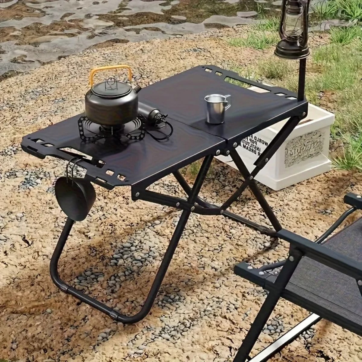 Portable Folding Camping Table, 150 LBS Heavy Duty Iron Picnic Table, Lightweight 6.6 LBS Outdoor Table with Side Hanging Hooks, Dark Gray