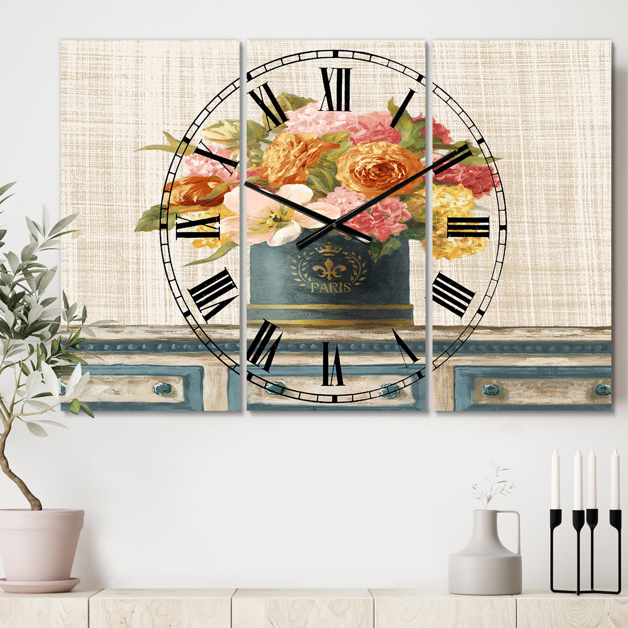 Designart 'Tulips in Teal and Gold Hatbox on Linen' Lodge Wall Clock