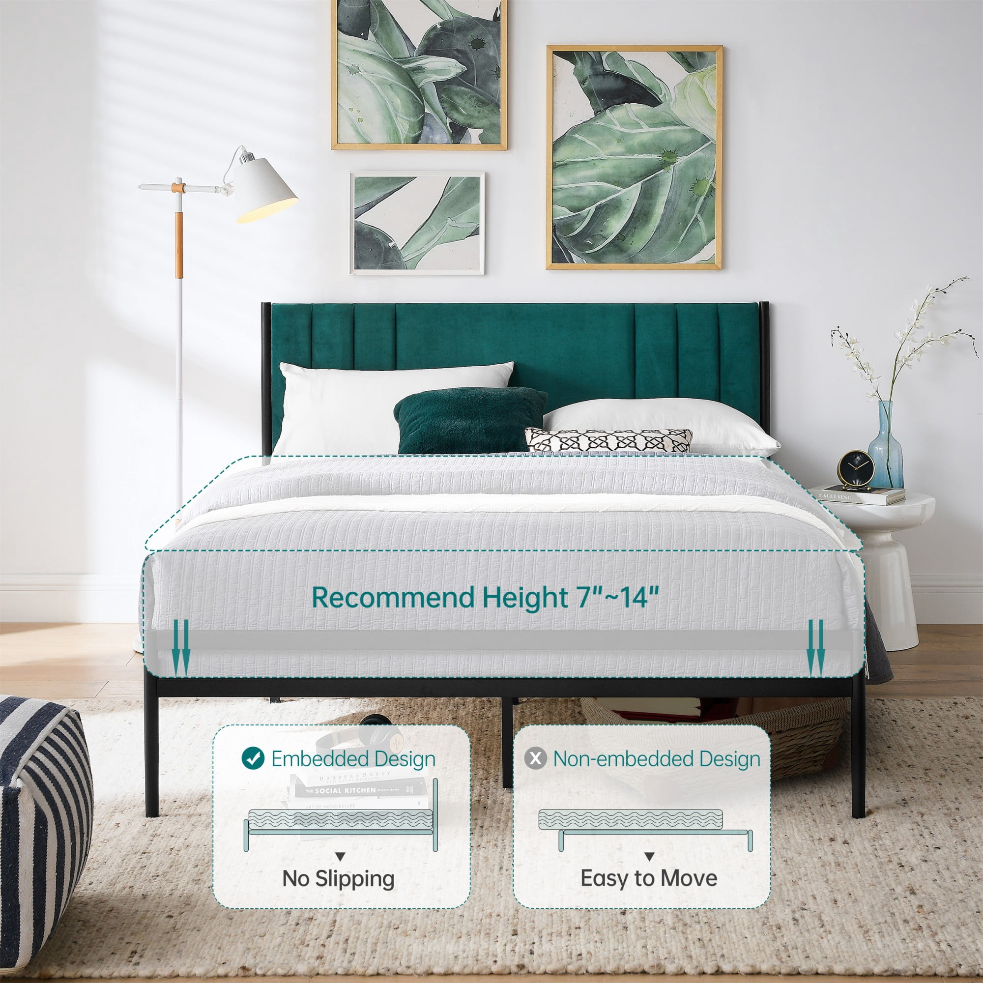 Gewnee Green Full Size Upholstered Platform Bed Frame Velvet Headboard Metal Frame Wood Slat Support No Box Spring Required for Bedroom
