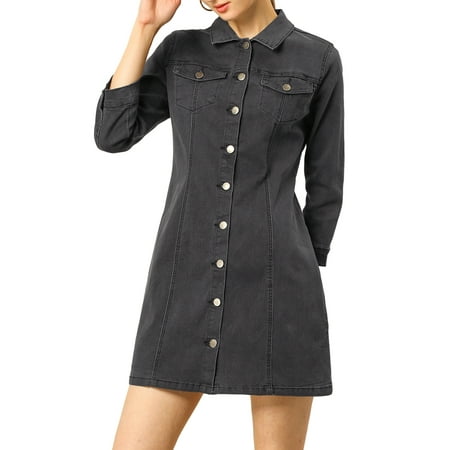 Allegra K Women's Button Down Denim Shirt Dress M Dark Gray | Walmart ...