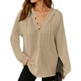 thumbnail image 4 of YUTK Hoodies for Women Button V Neck Waffle Knit Top Long Sleeve Shirts Fall Casual Comfy Pullover Sweatshirts Hooded Tops Khaki M, 4 of 6