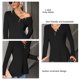 thumbnail image 5 of Top de manga larga con cuello en V, decoración de botones de color sólido, Top informal de gofre para mujer para otoño invierno negro L, 5 of 7