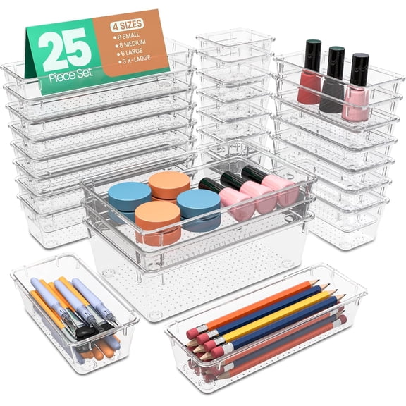 KICHLY 25-Piece Clear Drawer Organizer Set – Multi-Size Storage Trays | Bathroom, vanity, makeup, kitchen & office use | Caddy style | Desk organizer set