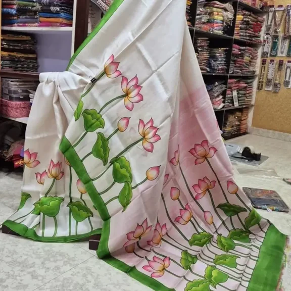 Pearl White Pure Silk Hand Painted Kalamkari Pure Saree