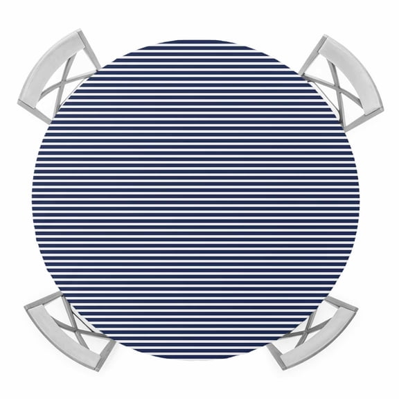 Farmhouse Navy Blue White Striped Round Tablecloth for 55-60 Inch Tables, Fitted Table Cover with Elastic Edge, Modern Stripes Waterproof Outdoor Table Cloth Protector for Patio Garden Dinner Picnic
