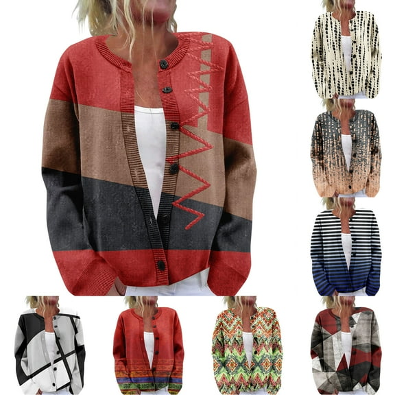 Women's Sweater Cute Fun Printing Sweater Fall And Winter Long Sleeve Knitted Sweater for Fall Winter Geometric Prints,Dark Blue,L