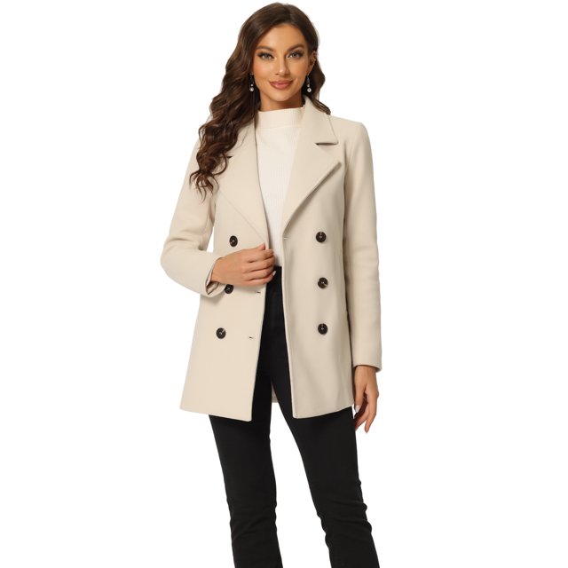 Abrigo de Fieltro Allegra K a Media Pierna con bolsillo Solapa doble Botonadura para Mujer Beige XL