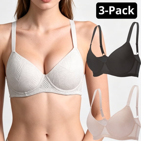 Women's 3-Pack Underwire Push Up Bra Set with Independent Dual U-Wire Support, Lace Bralette, Black White Nude, 32B-40C