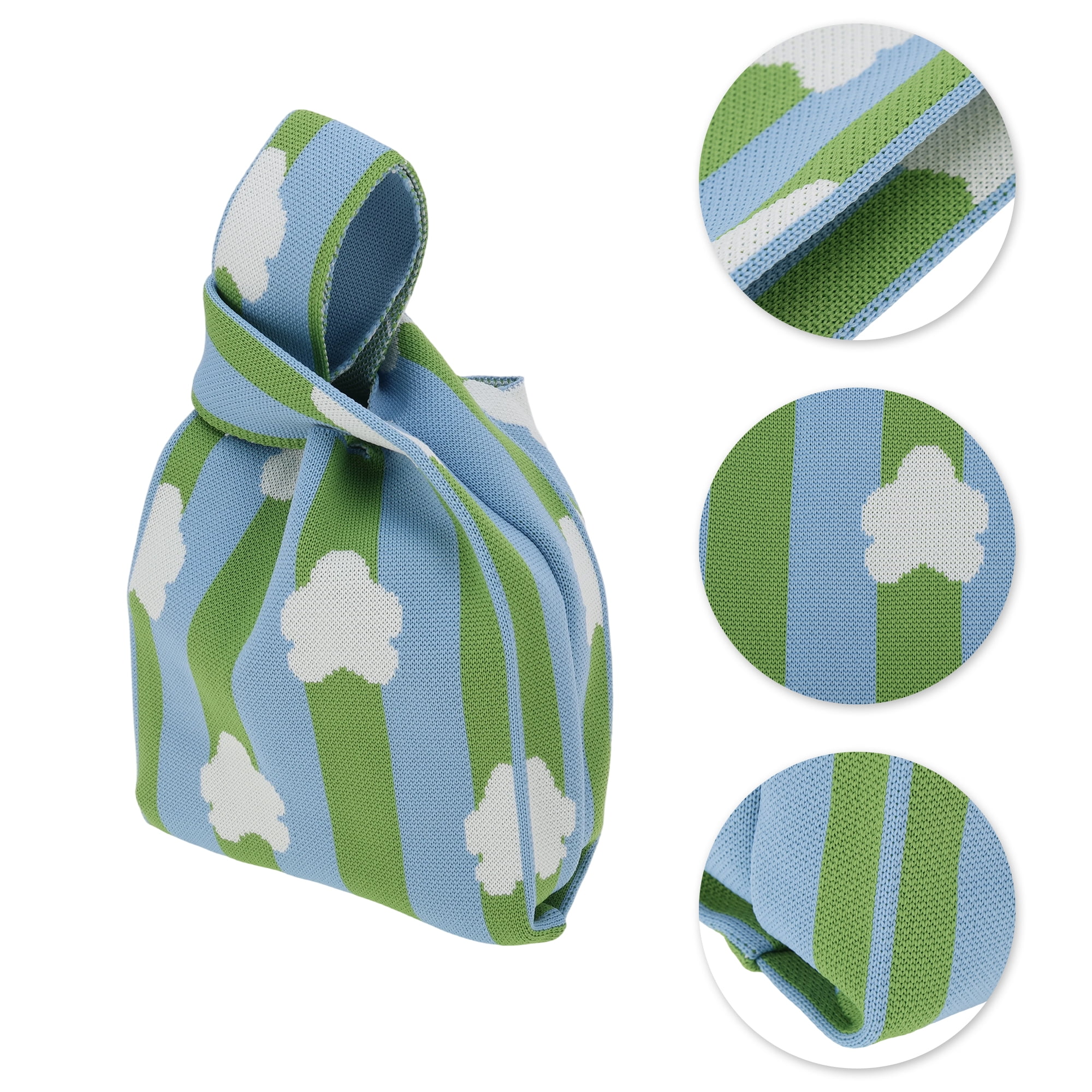 Unique Bargains Stripe Flower Knitted Wrist Bag Green Blue White 1 Pc