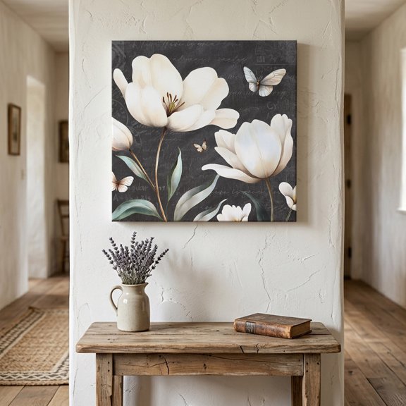 Ships Next Day Canvas Wall Art 16"x16", Farmhouse Floral Wood Framed Canvas Print Painting, Magnolia Flowers Vintage Blackboard Ready to Hang Picture Wall Decor for Home Bedroom Kitchen Office