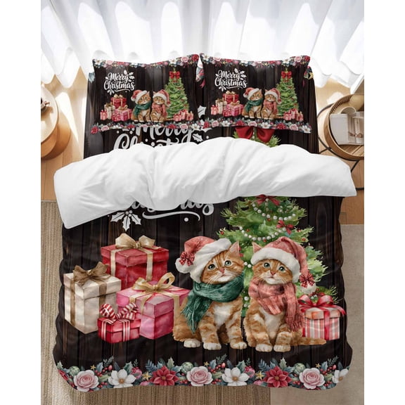 Christmas Bedding Duvet Cover Set Twin Size 4 Pieces Winter Xmas Cats Trees Gifts Flowers Brown Woods Bedding Set with Zipper Closure, 1 Comforter Cover 68x86 Inches 1 Flat Sheet & 2 Pillow Cases