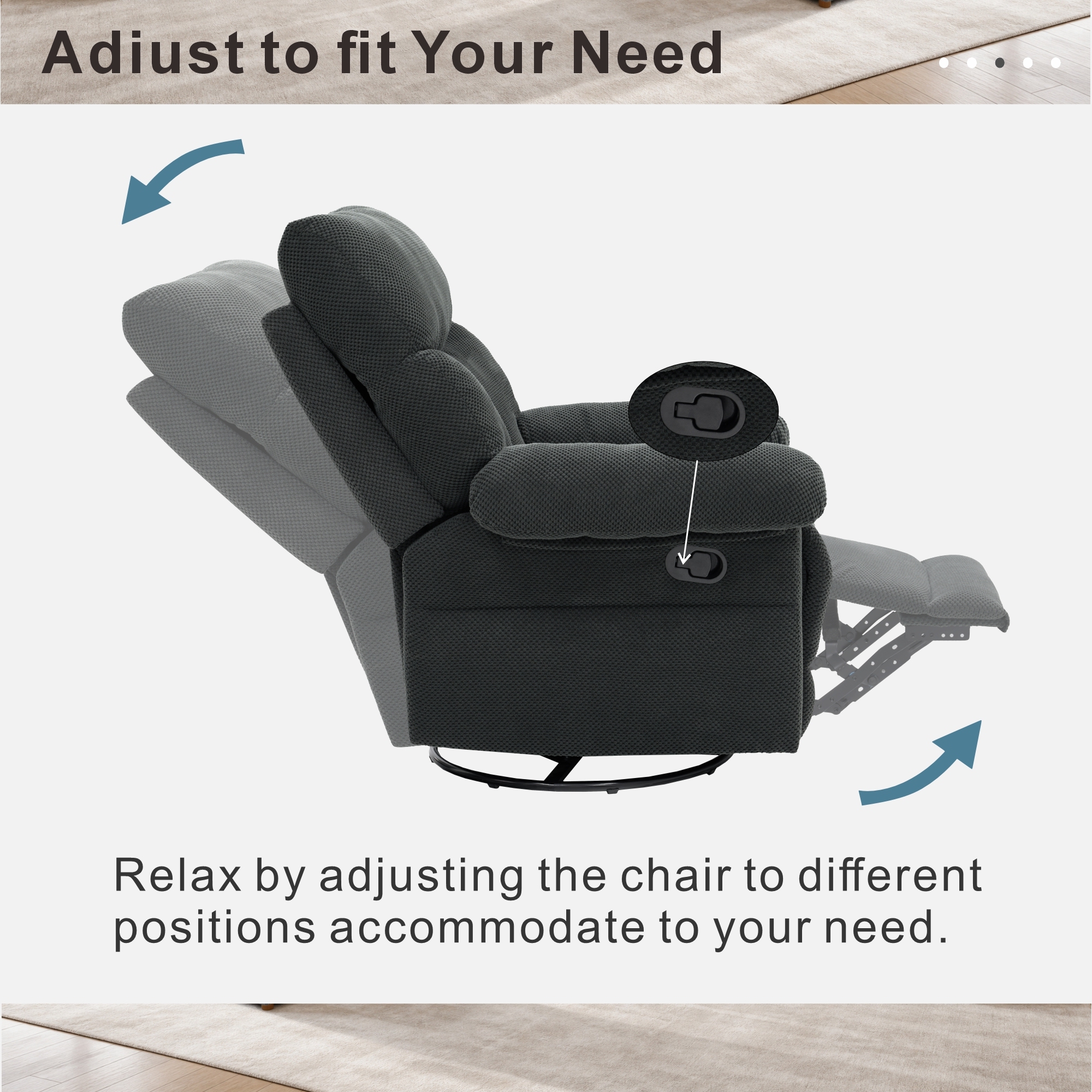 Leumius Swivel Rocker Recliner for Adults,360° Upholstered Glider Recliner Rocking Chair for Nursery,Manual Recliner Chair for Living Room, Bedroom,Dark Gray
