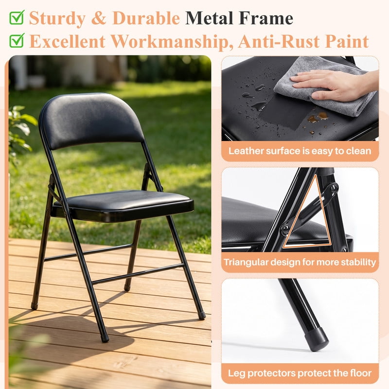 Simenmax 4PCS Folding Chair Padded, Leather Portable Stackable Chair with Steel Frame - Indoor Outdoor Use for Home, Office, Party, Wedding, Church, Black