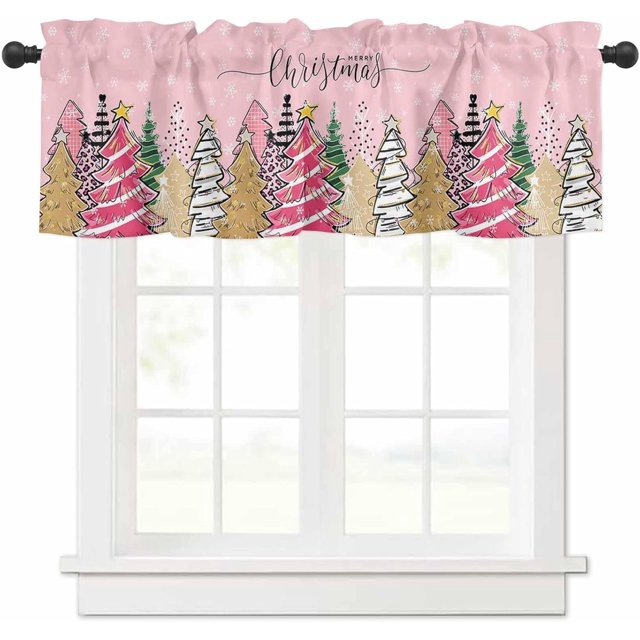 Pink Christmas Valances for Windows, Light Filtering Thermal Insulated Windows Curtains Decoration Christmas Tree Snowflakes Valance Curtains for Kitchen Cafe Bedroom Living Kid Room 54x18in
