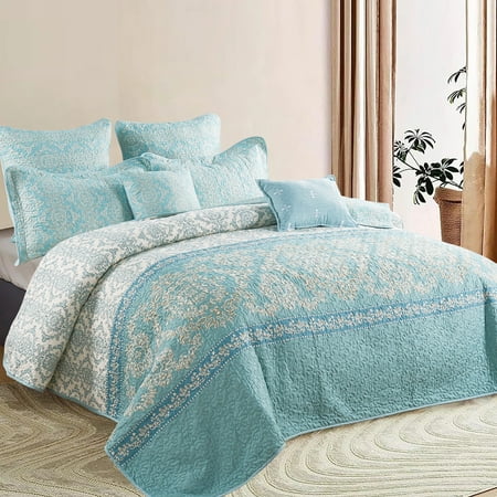Home Soft Things 7 Piece Printed Microfiber Quilts Bedspread Set - Mystic - Teal/Turquoise - Oversize (122  x 106 )