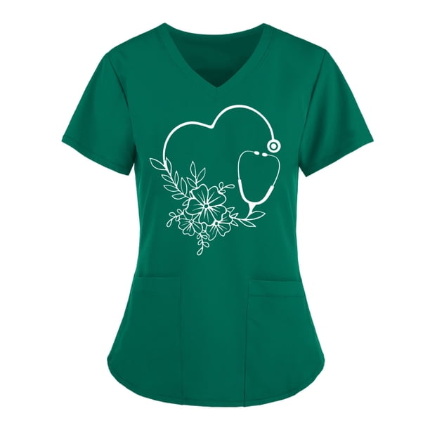 Puntoco Blusa de manga corta con cuello en V para mujer Uniforme de trabajo Blusa de bolsillo de color sólido Puntoco Puntoco-4184