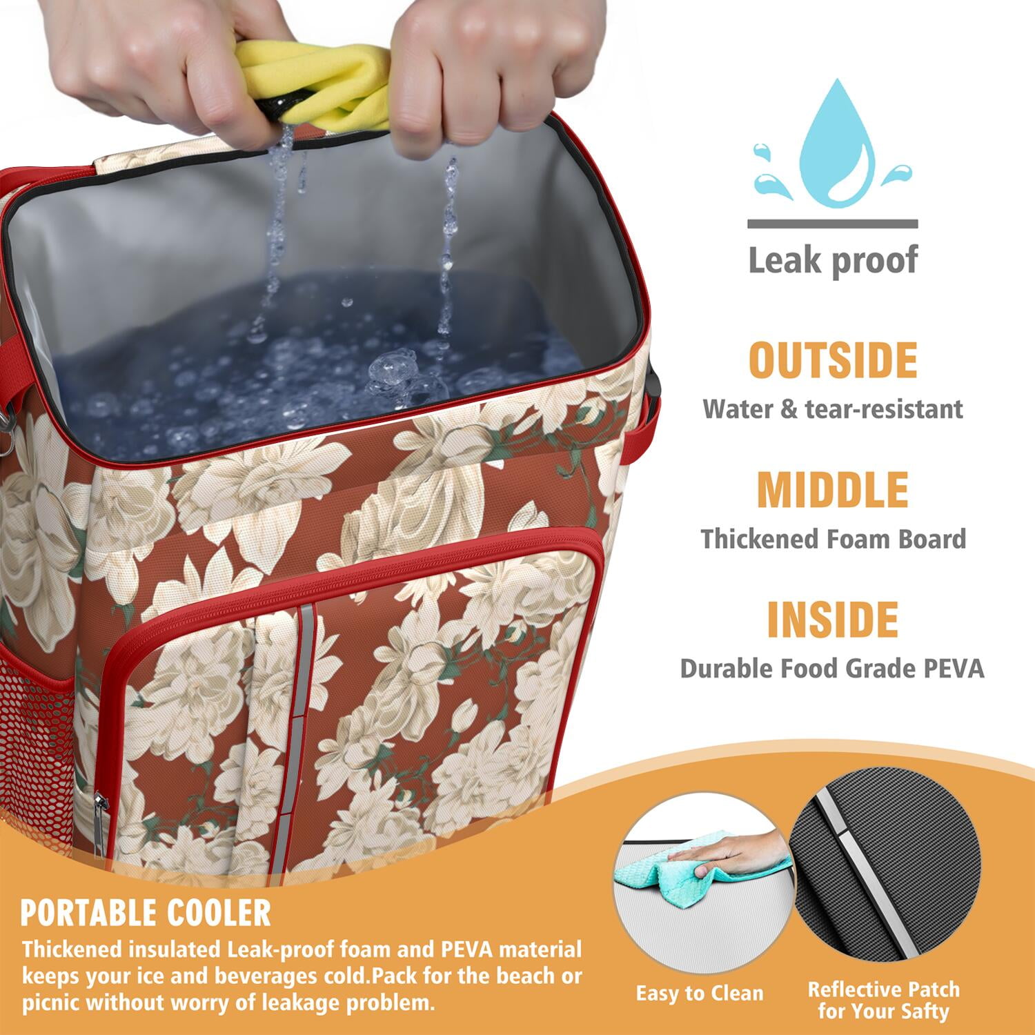 Travel Cooler Bag - Pioneer Flower Floral Print Pattern Camping Beer Cooler Backpack with Bottle Opener- Waterproof Insulated Picnic Backpacks - Cooler Bag for Beach