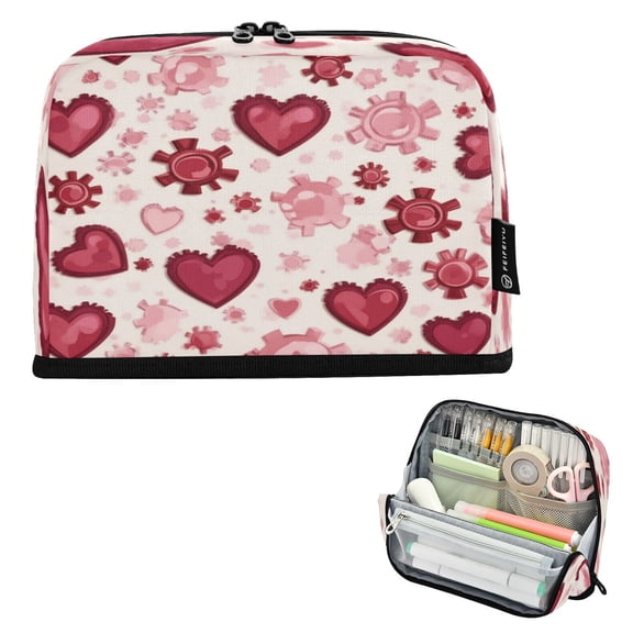 Standing Pencil Case with Base Large Capacity Stationery Pouch Pen Bag with Zipper for Women Men Gear-shaped Hearts Pattern