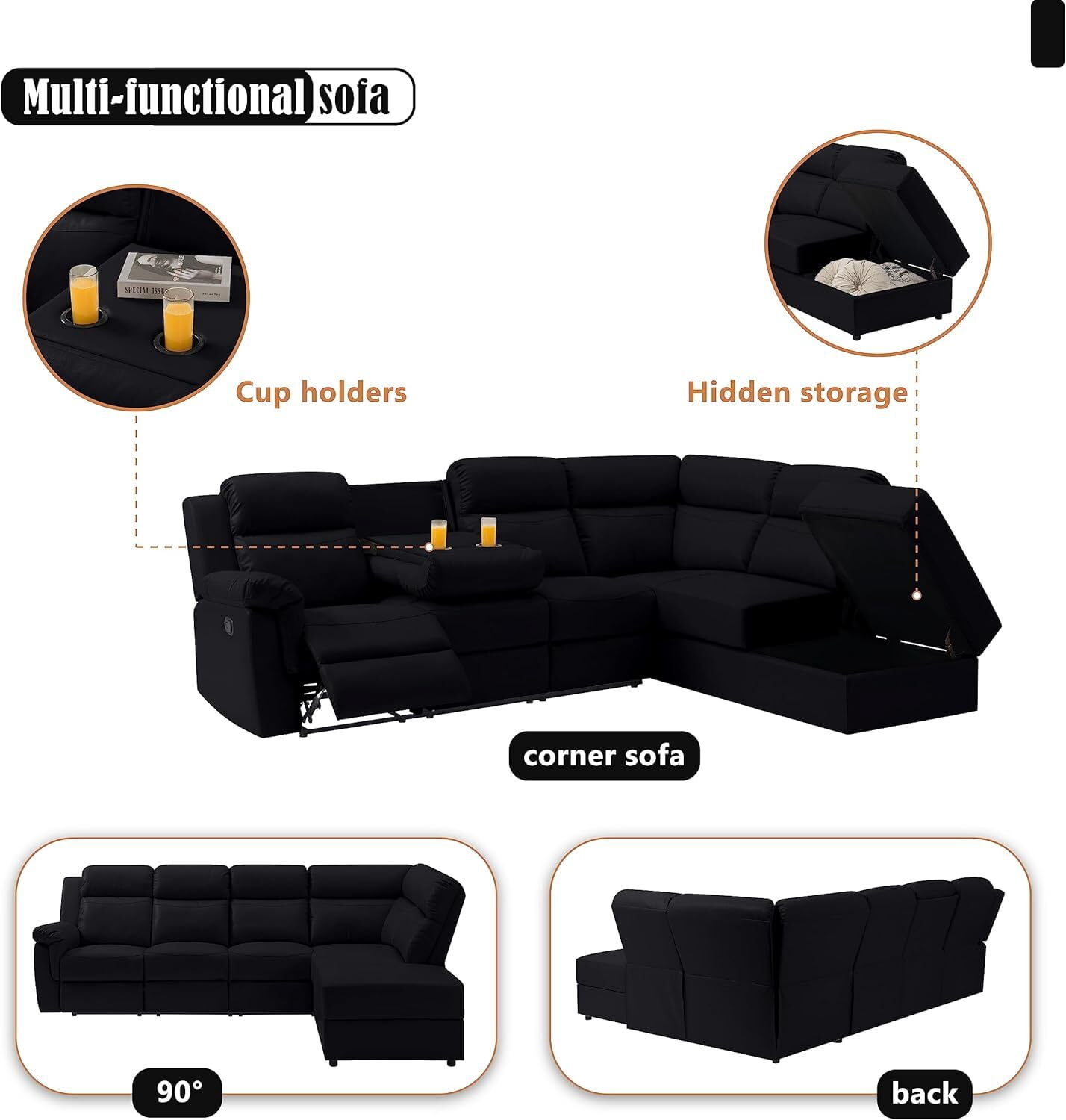 Aukfa Leather Sectional Sofa Couch, 110" Recliner Sofa Chair with Storage Chaise for Living Room, 5 Seater, Black