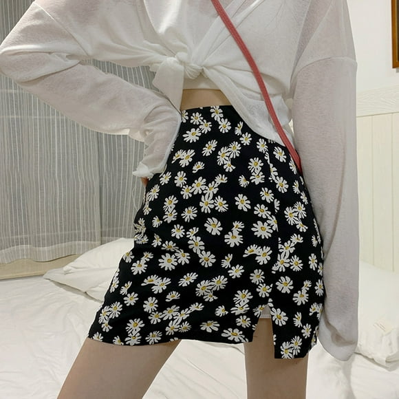 Jupe Femme Imprimé Fleur Taille Haute Jupe Courte Jupe Courte Jupe Fendue Imprimée Jupe Courte Ligne A Fille en Tissu, Noir, P