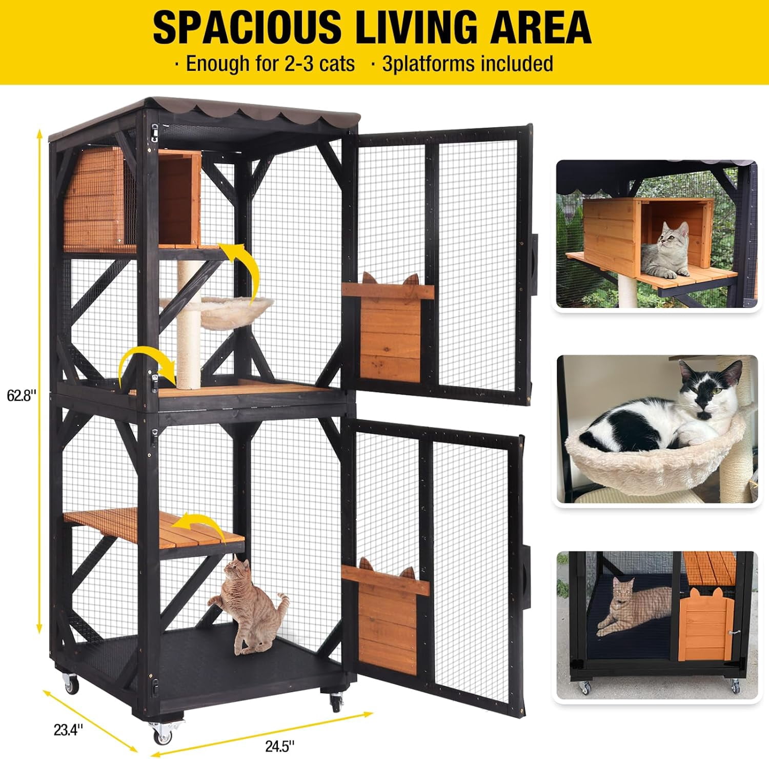 Aivituvin Cat House Window Catio Outdoor Cat Enclosure Mobile Kitty Shelter on Wheels Pet Cage with Resting Box, Hammocks, Waterproof Cover