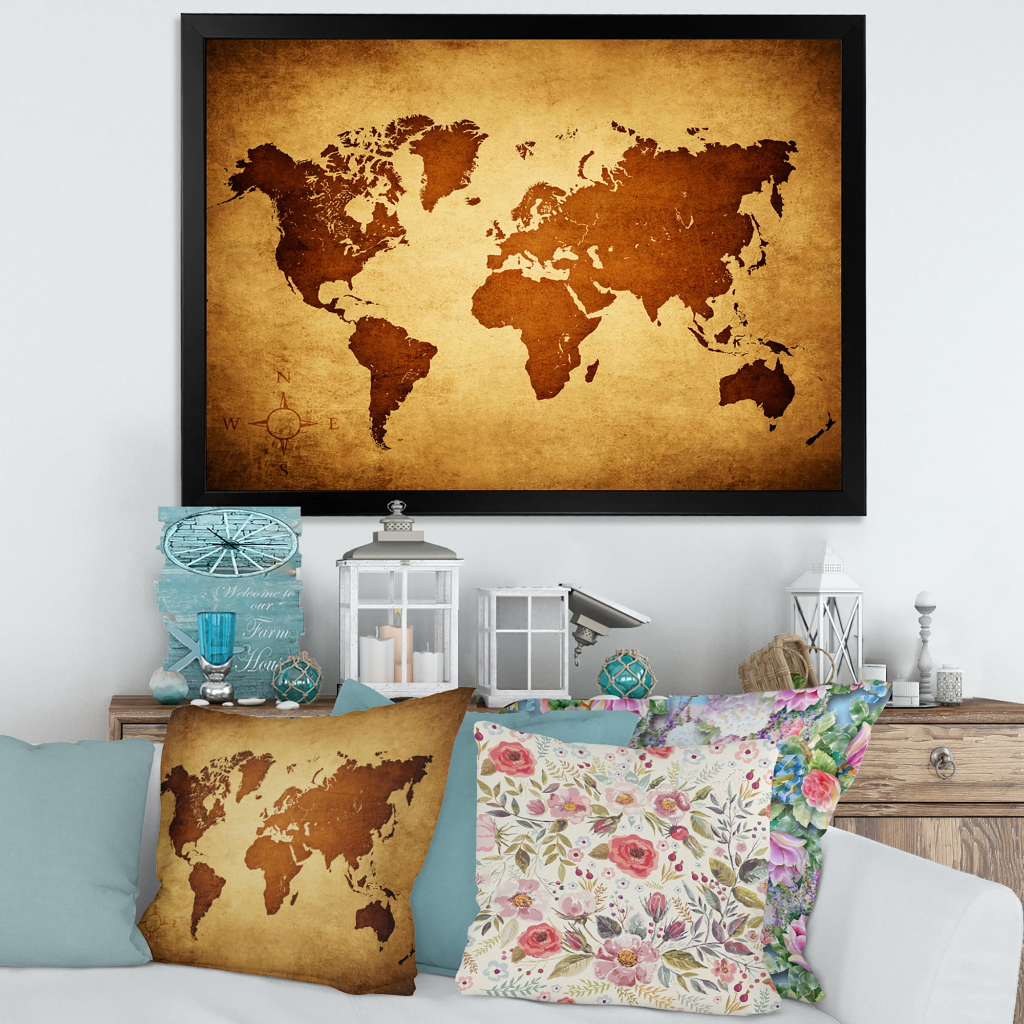 Designart 'Ancient World Map VI' Vintage Framed Art Print