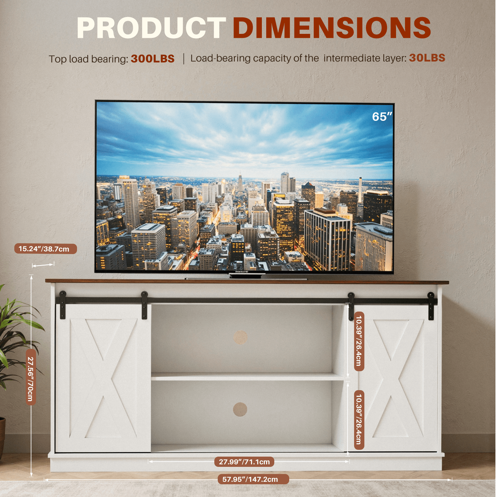 Aukfa TV Stand for TVs up to 65", Entertainment Center with Storage Cabinets and Sliding Barn Doors, for Living Room Bedroom,White
