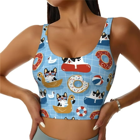 Qekee Dogs With Pool Floats for Removable Pads Sports Bra  Crop Tank Top  Womens  Sports Bra Long Style Without Steel Rims-Medium