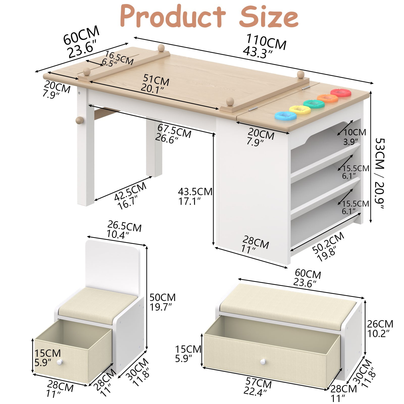 3 in 1 Kids Art Table and Chair Set, Art Desk with Storage Shelves and Drawers, Art Easel with Paint Cups, Paper Roll, Toddler Table and Chair Set w/ Bench & 2 Chairs for Draw, Write, Play, Crafts
