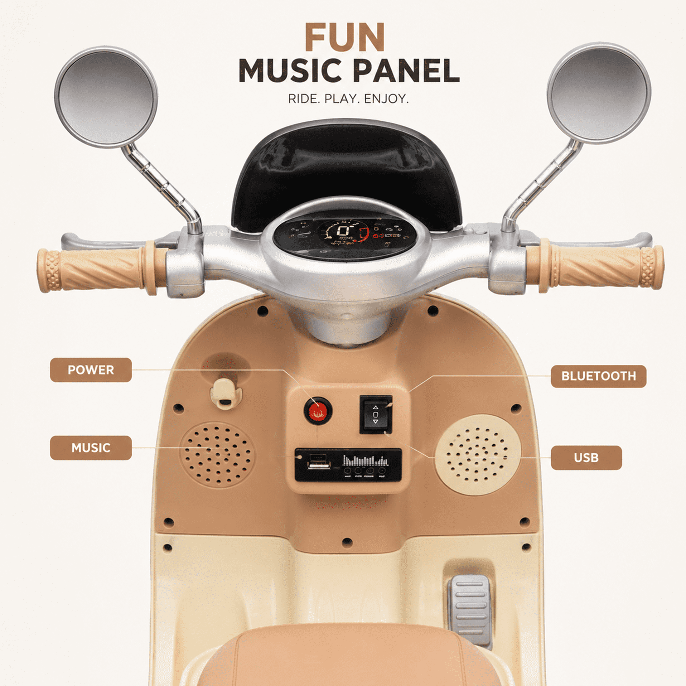 12V Electric Motorcycle for Kids, 2 Seater Battery Power Ride on Motorcycle Toys with Slow Start, LED, Music, USB, 3 Wheel Electric Motorcycle for Boy Girl Birthday Gift, Beige