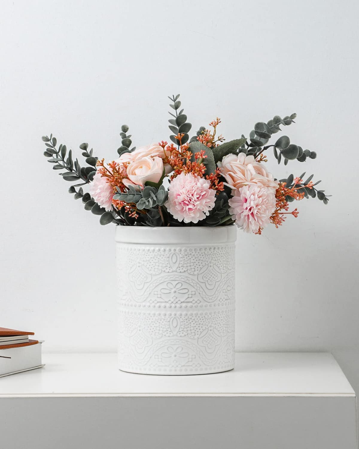 FUN ELEMENTS Kitchen Utensil Holder, 7.2" Super Large Utensil Crock Heavy and Stable Lace Emboss Ceramic Utensil Holder for Kitchen Counter (Bright White)