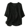 thumbnail image 1 of Camiseta de manga corta con cuello en V y bordado para mujer - Top fino y transpirable de alta densidad, mezcla de lino, M-XXL, 1 of 5