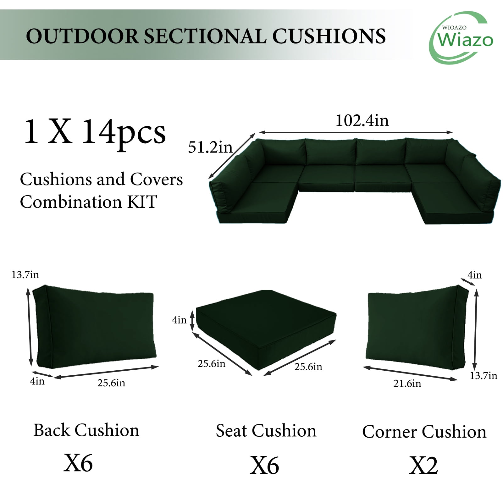 PUKNLY Outdoor Furniture Replacement Cushions, Fits 6-seat Sectional Rattan Conversation Set, 14 Piece Patio Water-Resistant Replacement Sofa Cushions, Liner&Cover（Dark Green）