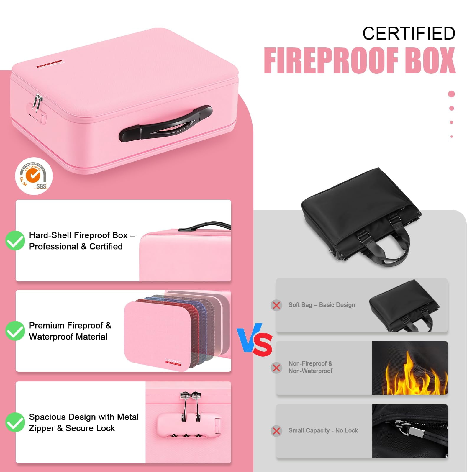 TeSabMi Fireproof Document Box with Lock, 5200°F Fire Proof Safe for Home Documents, Hard-Shell Fireproof & Waterproof Safe Box for Important Files Pink