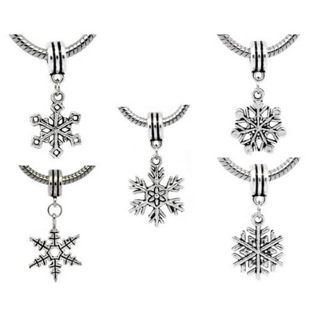 Christmas Pudding Charms Pack of 5 Antique Silver Finish Snowflake Christmas Dangle Charm Beads. Compatible With Most Pandora Style Charm Bracelets. ()
