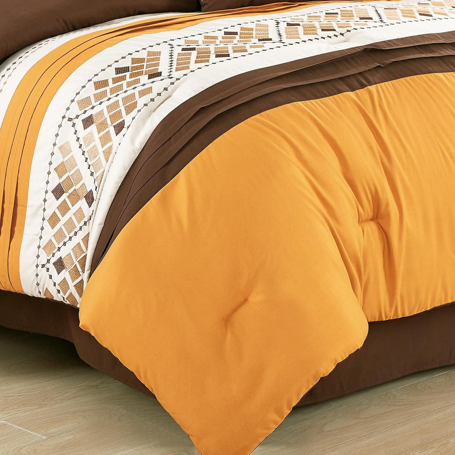 Chezmoi Collection Maple 7-Piece Orange Brown Geometric Embroidery Pleated Striped Comforter Bedding Set, King Size