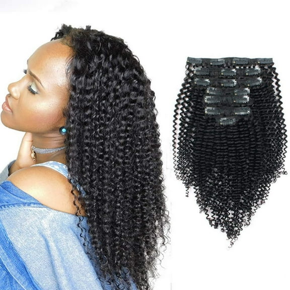 100% Remy Human Hair Curly Clip in Hair Extensions 3C Jet Black 1# 20 Inches Full Head Hairpieces Kinky Curly Clip ins