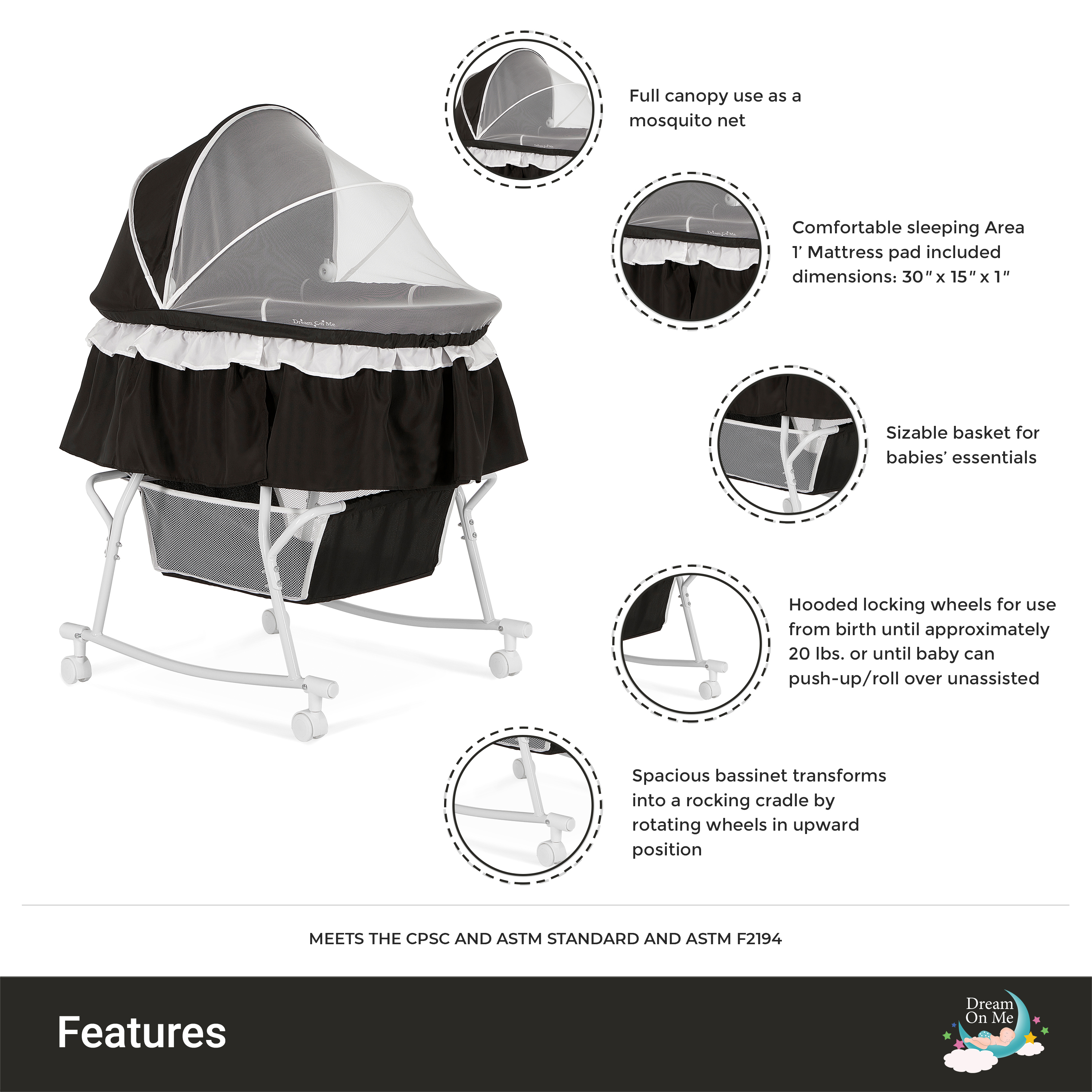 Dream On Me Lacy Portable 2-in-1 Bassinet & Cradle in Black, Lightweight Baby Bassinet - image 2 of 24