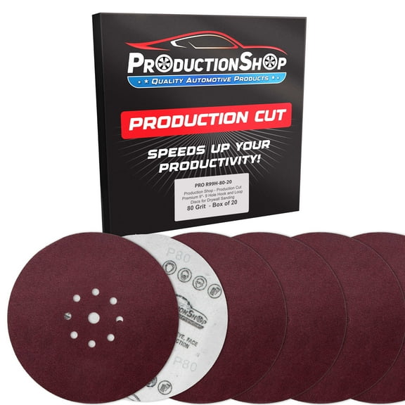 ProductionShop Premium 9" Red 9-Hole Pattern 80 Grit Sanding Discs, Box of 20 - Dustless Hook & Loop Backing Sandpaper for Drywall Power Sanders, Coarse-Cut Abrasive - Woodworking, Sand Auto Paint