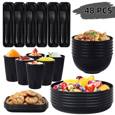 Wheat Straw Dinnerware Set (48PCS), Unbreakable Tableware Set Dishwasher & Microwave Safe Eco-Friendly Reusable Dinner Dessert Plates, Bowls, Mugs, Cutlery (Black)
