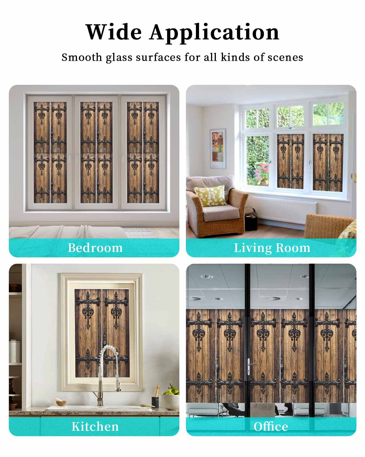 Window Privacy Film Rustic Wooden Door Stained Glass Window Film Decorative Sun Block Window Cover Brown Black Farmhouse Country Vintage Window Clings Static Adhesive Sticker for Bathroom 23.6"x78.7"